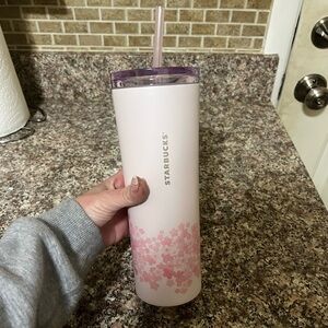 Starbucks White and Pink Floral Stainless Tumbler with Purple Lid